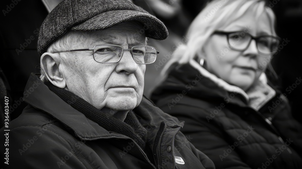 A black and white portrait of an elderly man with glasses, wearing a cap, seated alongside a woman, both appearing contemplative. A black and white portrait of an elderly man with glasses, wearing a cap, seated alongside a woman, both appearing contemplative.