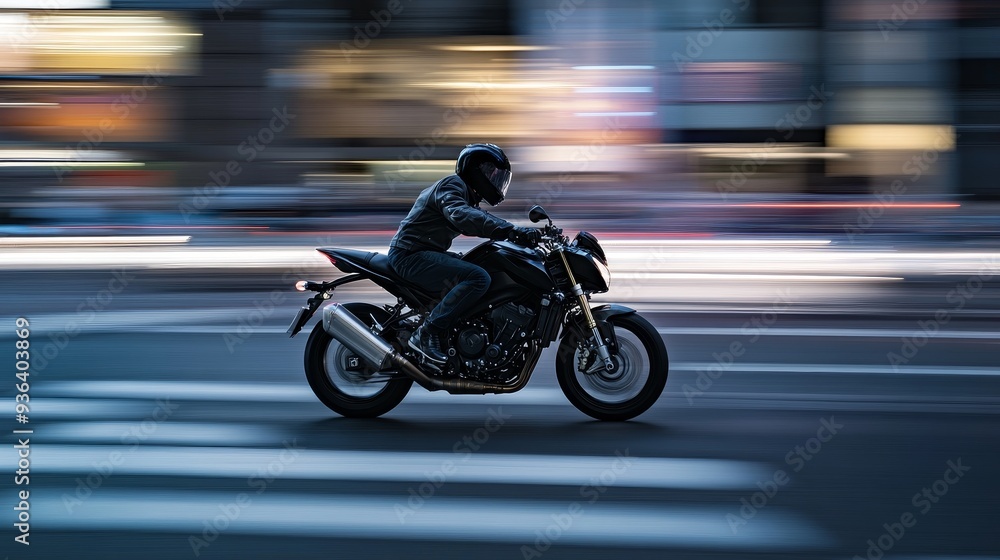 A motorcyclist rides swiftly through a city street, capturing the essence of speed and urban life. A motorcyclist rides swiftly through a city street, capturing the essence of speed and urban life.