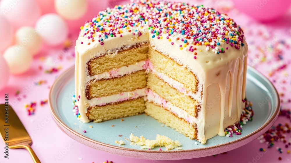 A colorful layered cake with sprinkles, cut to reveal its interior, set against a pink background. A colorful layered cake with sprinkles, cut to reveal its interior, set against a pink background.