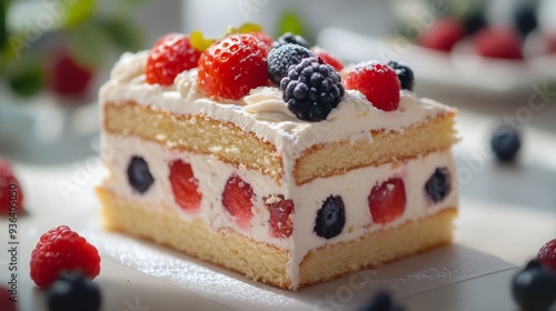 A delicious layered cake topped with fresh berries, perfect for celebrations and desserts.