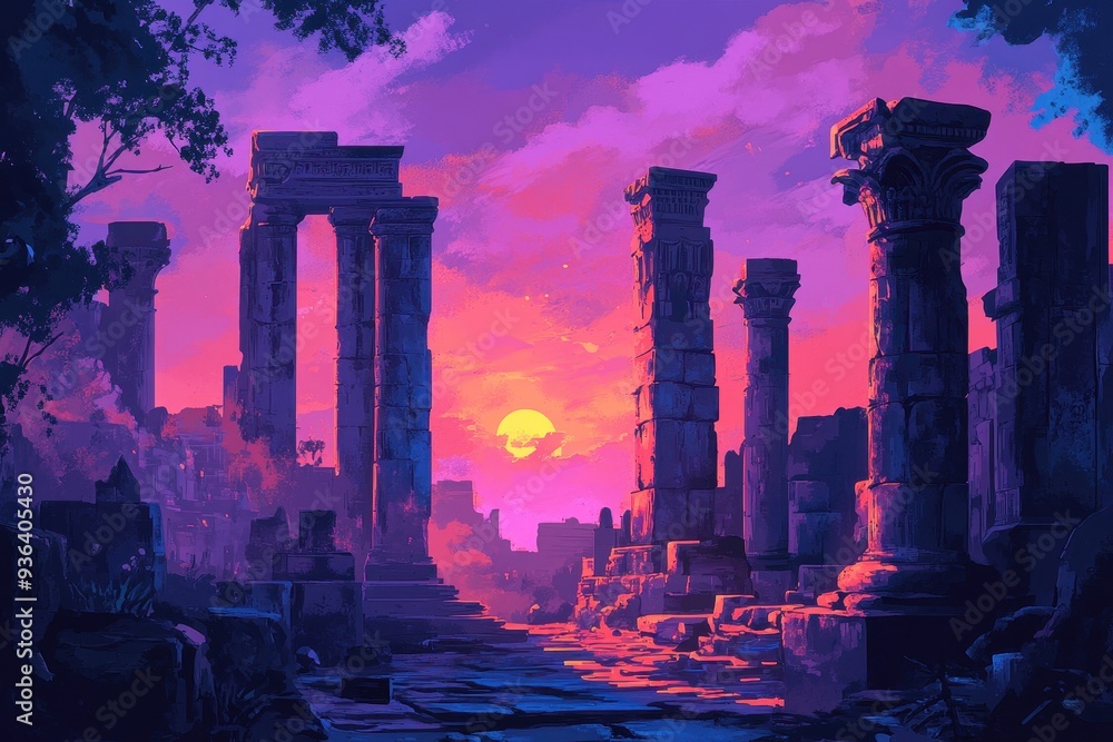 Fototapeta premium Ancient Ruins at Sunset with a Purple and Pink Sky