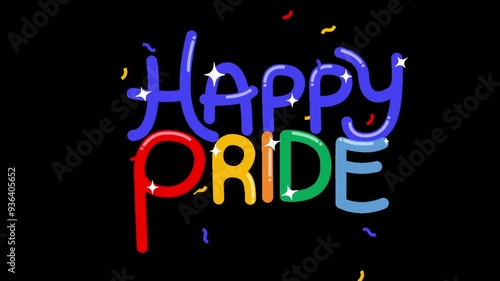 Pride Typography Rainbow Happy Pride Confetti, Stock Overlay 4k Animation Video, 3D Motion Graphics loop Animation, with Chroma key, Alpha Channel, High Resolution, Black and Green Screen Background
