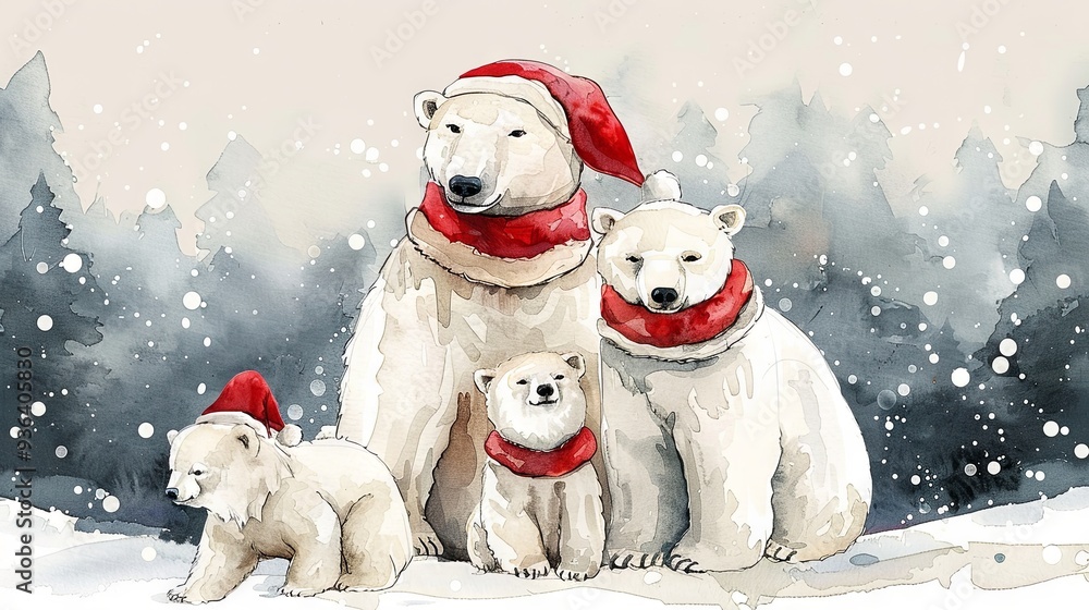 watercolor illustration of cute family of polar bears on the Christmas background watercolor illustration of cute family of polar bears on the Christmas background