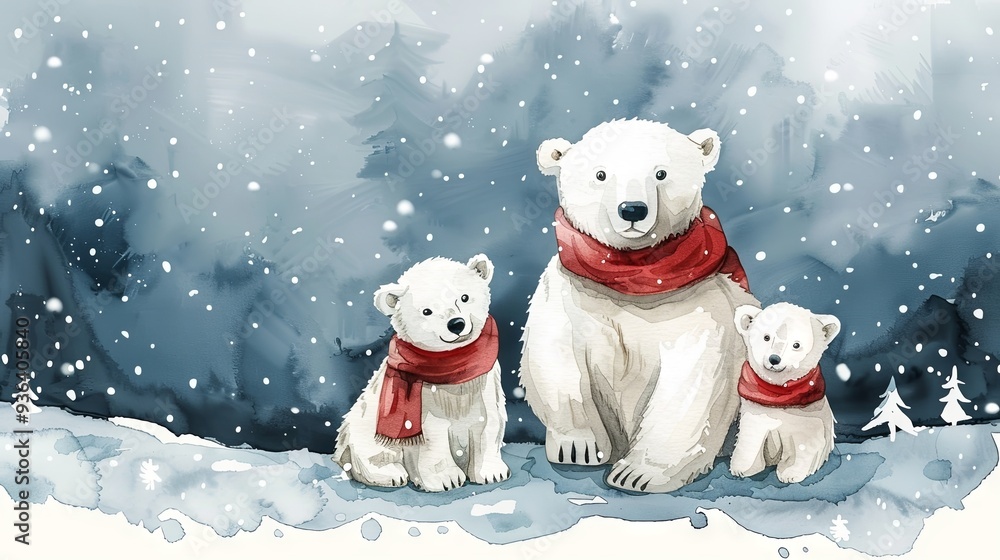Fototapeta premium watercolor illustration of cute family of polar bears on the Christmas background 