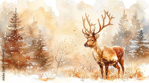 watercolor illustration of reindeer on Christaâ€™s tree background