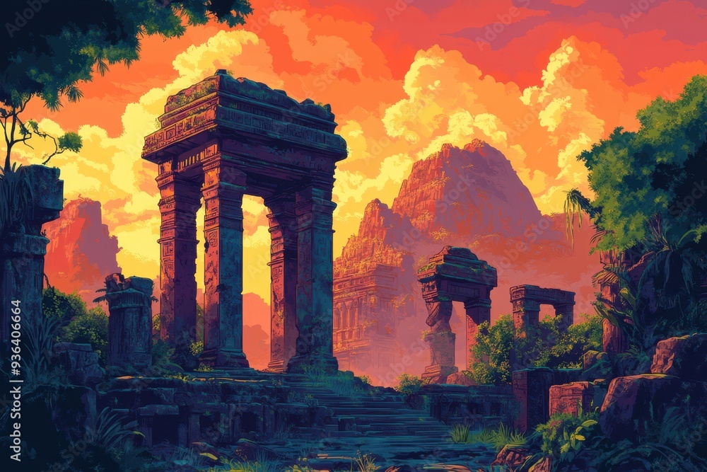 Fototapeta premium Ancient Stone Ruins in a Lush Jungle at Sunset