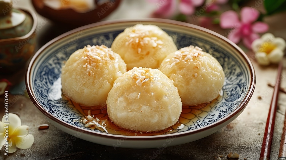 A plate of sweet dumplings drizzled with syrup and topped with coconut flakes, showcasing an inviting dessert. A plate of sweet dumplings drizzled with syrup and topped with coconut flakes, showcasing an inviting dessert.