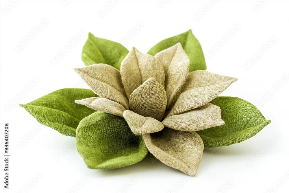 Recycled fabric Christmas ornament in the shape of a flower, eco-friendly holiday decor, handcrafted and sustainable, green celebrations, minimalistic design, white background, selective focus Recycled fabric Christmas ornament in the shape of a flower, eco-friendly holiday decor, handcrafted and sustainable, green celebrations, minimalistic design, white background, selective focus