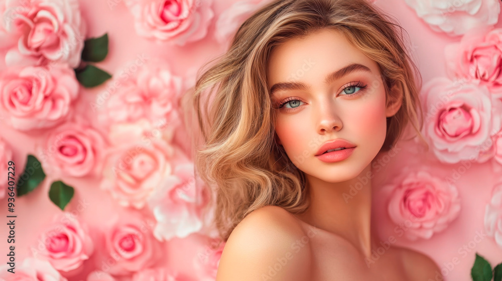 Beautiful romantic young woman in a wreath of flowers posing on a background of roses. Inspiration of spring and summer. Perfume, cosmetics concept. Beautiful romantic young woman in a wreath of flowers posing on a background of roses. Inspiration of spring and summer. Perfume, cosmetics concept.