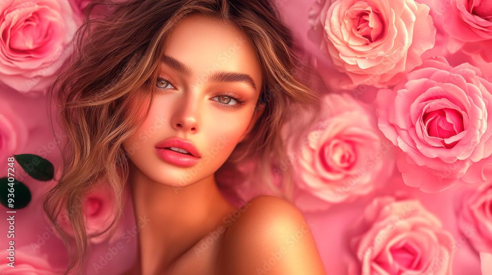 Beautiful romantic young woman in a wreath of flowers posing on a background of roses. Inspiration of spring and summer. Perfume, cosmetics concept. Beautiful romantic young woman in a wreath of flowers posing on a background of roses. Inspiration of spring and summer. Perfume, cosmetics concept.