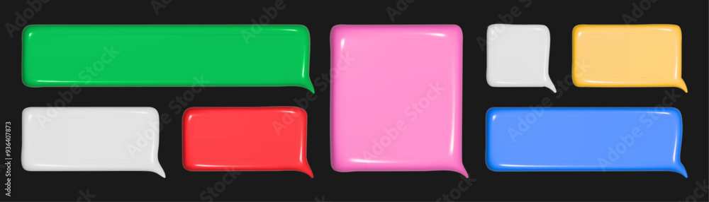 Set of 3D Speech bubbles multi colored bright colors. Modern Realistic 3d design of Chat dialogue bubble text. Set of 3D Speech bubbles multi colored bright colors. Modern Realistic 3d design of Chat dialogue bubble text.