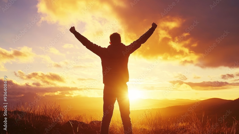 A person stands triumphantly against a vibrant sunset, arms raised in celebration of achievement and freedom. A person stands triumphantly against a vibrant sunset, arms raised in celebration of achievement and freedom.