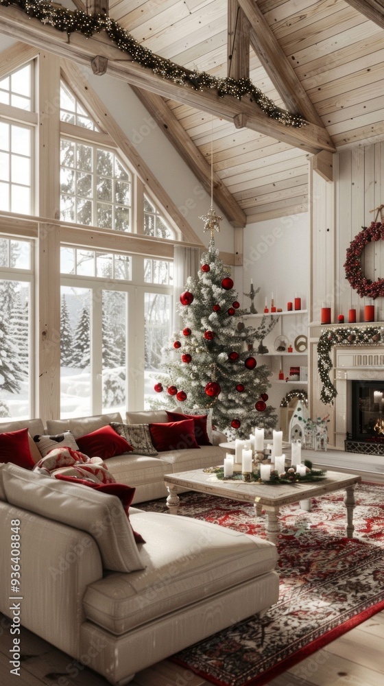 Fototapeta premium A beautifully decorated living room features high ceilings and white walls, showcasing a stunning Christmas tree and cozy seating arrangements, perfect for seasonal festivities