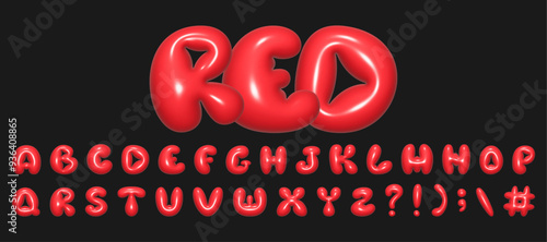 Creative bubble letters of the English alphabet. Illustration of three-dimensional letters in red, shiny reflective plastic texture, inflated letter effect.