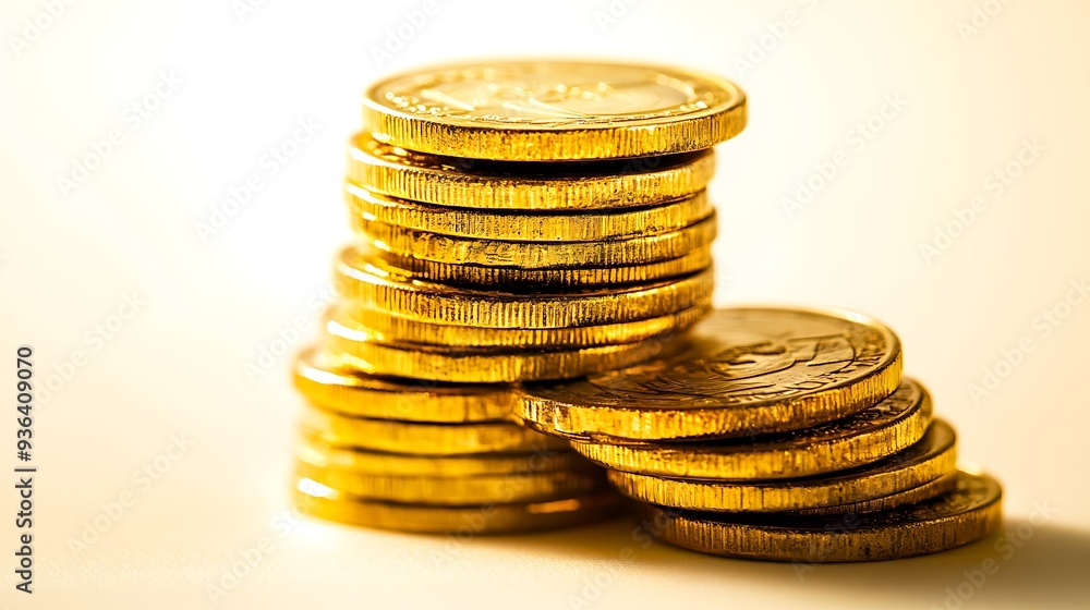 A Stack of Shiny Gold Coins on a White Surface A Stack of Shiny Gold Coins on a White Surface