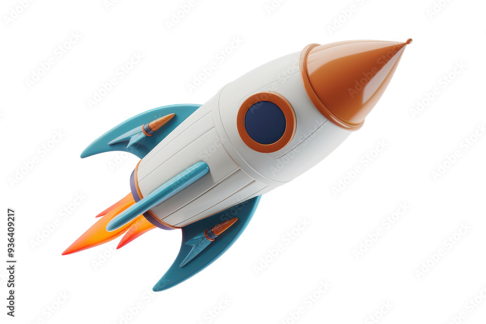A 3D rendered illustration of a toy rocket featuring a white body, orange tip, and blue fins in a playful and cartoonish design, isolated on a transparent background. PNG File, A 3D rendered illustration of a toy rocket featuring a white body, orange tip, and blue fins in a playful and cartoonish design, isolated on a transparent background. PNG File,