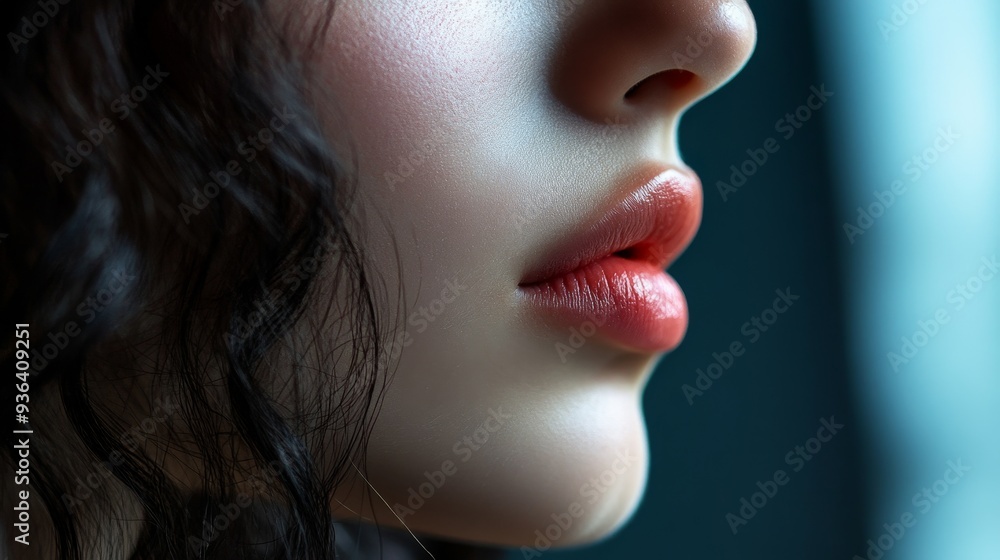 Obraz premium A close-up of a woman's lips and face, highlighting smooth skin and soft features.