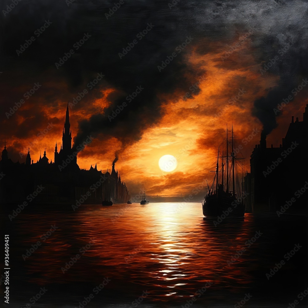 Naklejka premium Serene sunset over a silhouette cityscape, with boats gliding across the reflective water, surrounded by dramatic clouds.