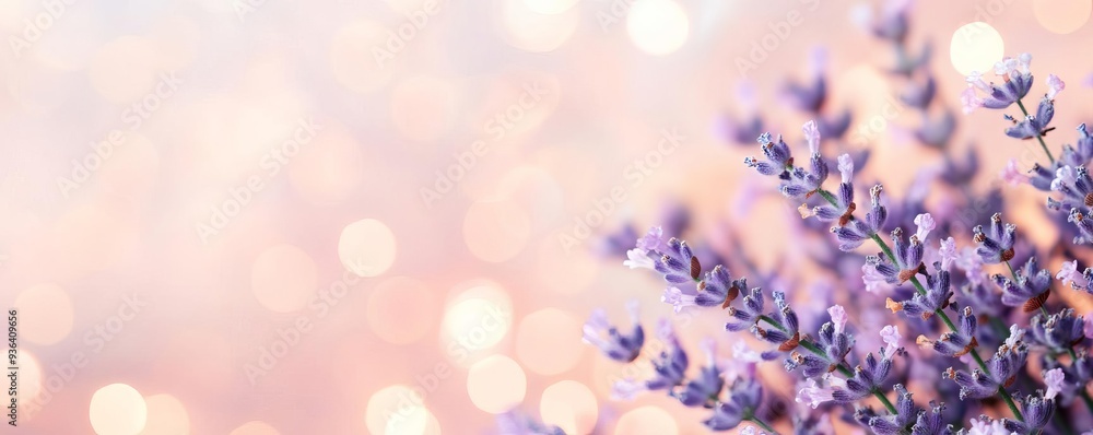 Obraz premium Soft peach and lavender bokeh lights, pastel background, ethereal glow