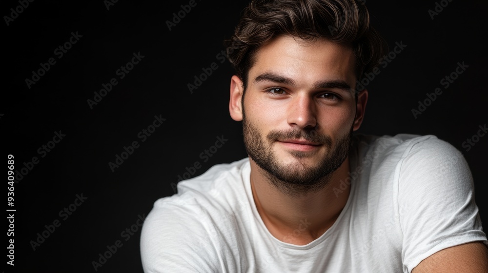 A young man with a charming smile, posing against a dark background. A young man with a charming smile, posing against a dark background.