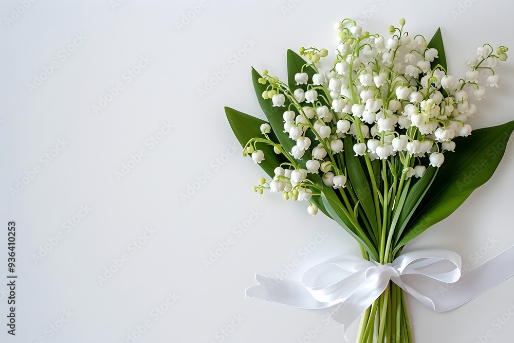 A beautiful bouquet of lily of the valley flowers, tied with a white ribbon on a white background. Perfect for wedding, spring, or romantic themes. A beautiful bouquet of lily of the valley flowers, tied with a white ribbon on a white background. Perfect for wedding, spring, or romantic themes.
