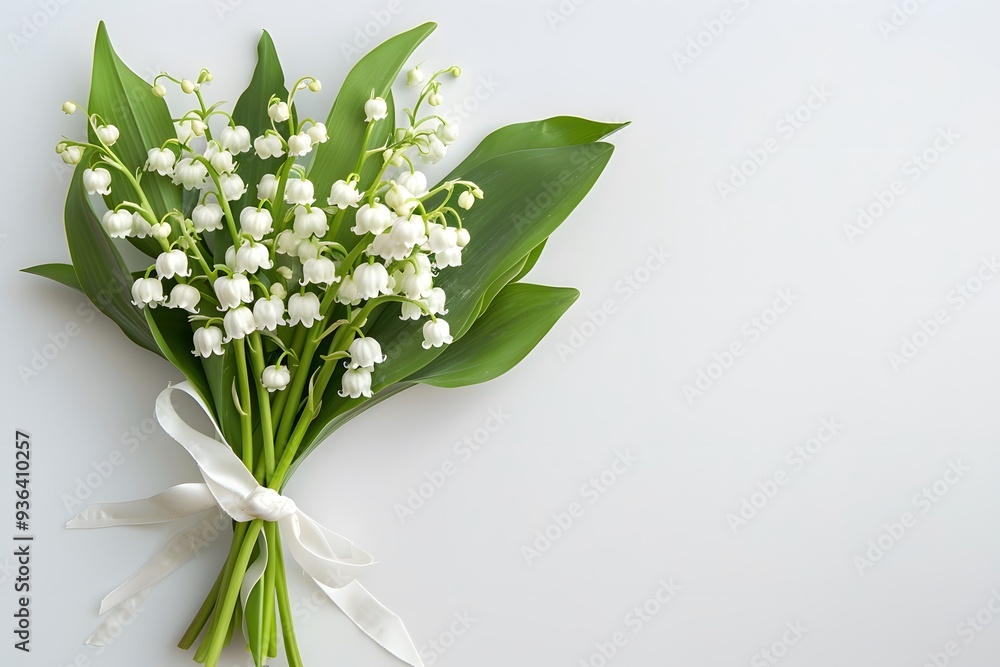 A beautiful bouquet of lily of the valley flowers, elegantly tied with a white ribbon, symbolizing purity and serenity on a light background. A beautiful bouquet of lily of the valley flowers, elegantly tied with a white ribbon, symbolizing purity and serenity on a light background.