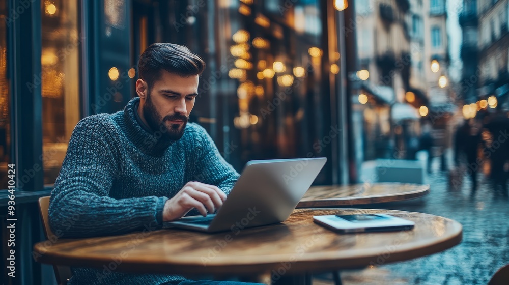A man working on a laptop at an outdoor caf?, immersed in his task amidst a bustling urban backdrop. A man working on a laptop at an outdoor caf?, immersed in his task amidst a bustling urban backdrop.