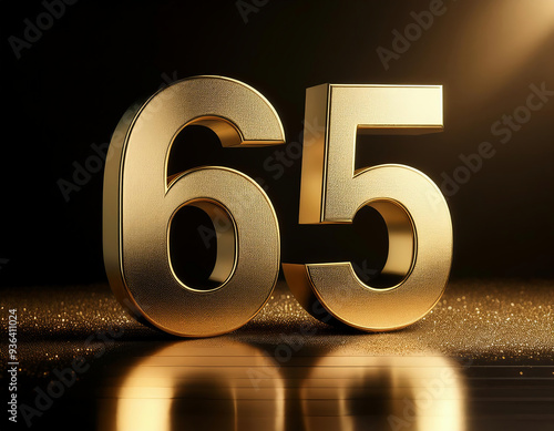 The impressive golden number 65 in a 3d rendering has a rich metallic texture with a reflective surface on dark background