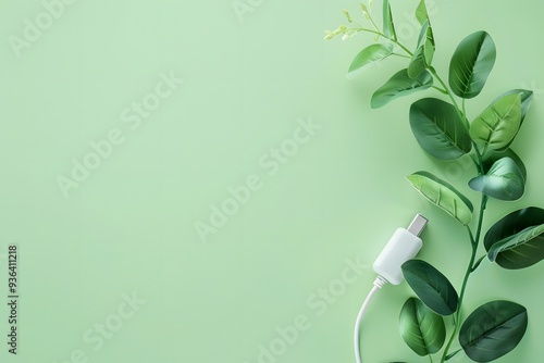 A USB charger intertwined with realistic green leaves on a pastel green background, symbolizing eco-friendly technology and sustainable energy solutions.