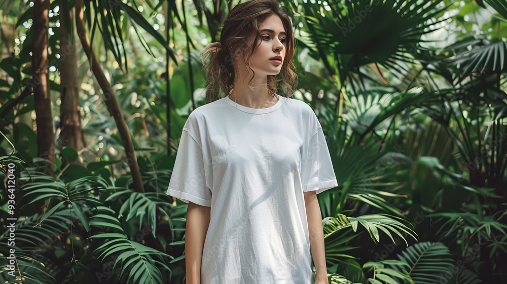 A young woman stands gracefully and confidently amidst vibrant green plants in a tranquil and serene environment A young woman stands gracefully and confidently amidst vibrant green plants in a tranquil and serene environment
