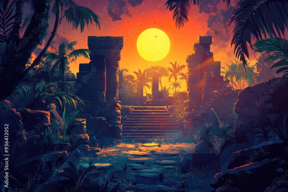 Fototapeta premium Ancient Ruins and Palm Trees at Sunset