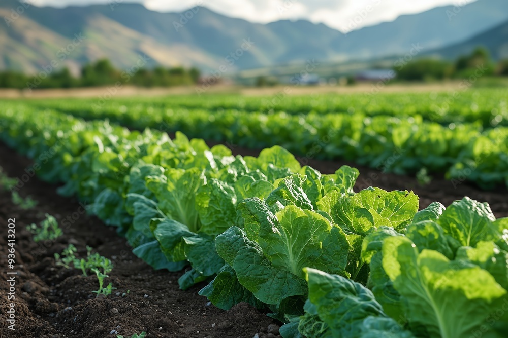 Fresh green lettuce heads grow in rows on a sunny farm near mountains during late afternoon Fresh green lettuce heads grow in rows on a sunny farm near mountains during late afternoon