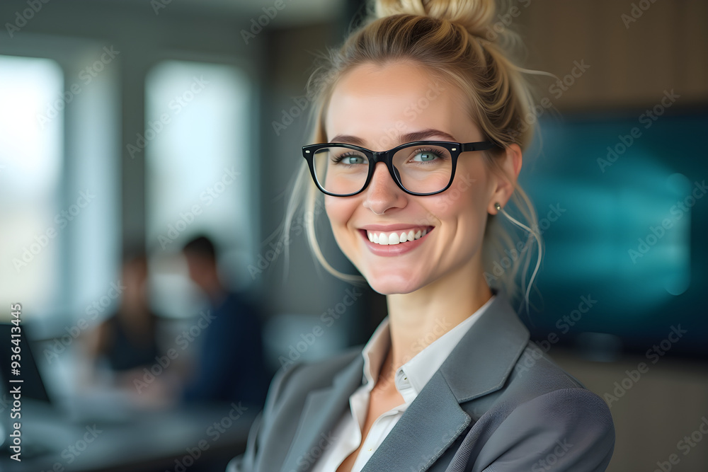 a beautiful blond business woman stands in front of the office and smiles a beautiful blond business woman stands in front of the office and smiles