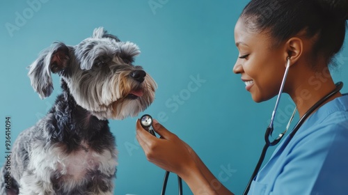 Side view of large schnauzer on examination table and female african american veterinarian listening to dog's heartbeat with stethoscope against blue wall in veterinary office photo