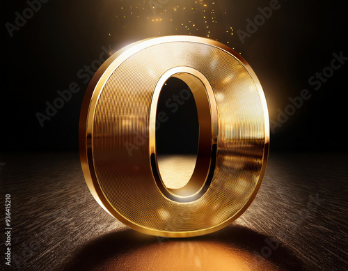 The impressive golden number 0, zero in a 3d rendering has a rich metallic texture with a reflective surface on dark background