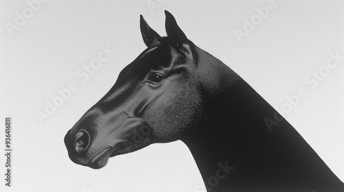 Fototapeta Naklejka Na Ścianę i Meble -  Monochromatic artistic rendering of a horse's profile in black, emphasizing the sleek contours and structure of the animal against a gradient background.