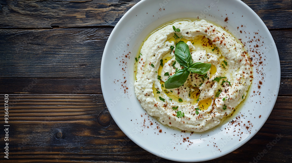 Baba ghanoush topped with fresh herbs and olive oil is served in a white bowl placed on a rustic wooden table Baba ghanoush topped with fresh herbs and olive oil is served in a white bowl placed on a rustic wooden table