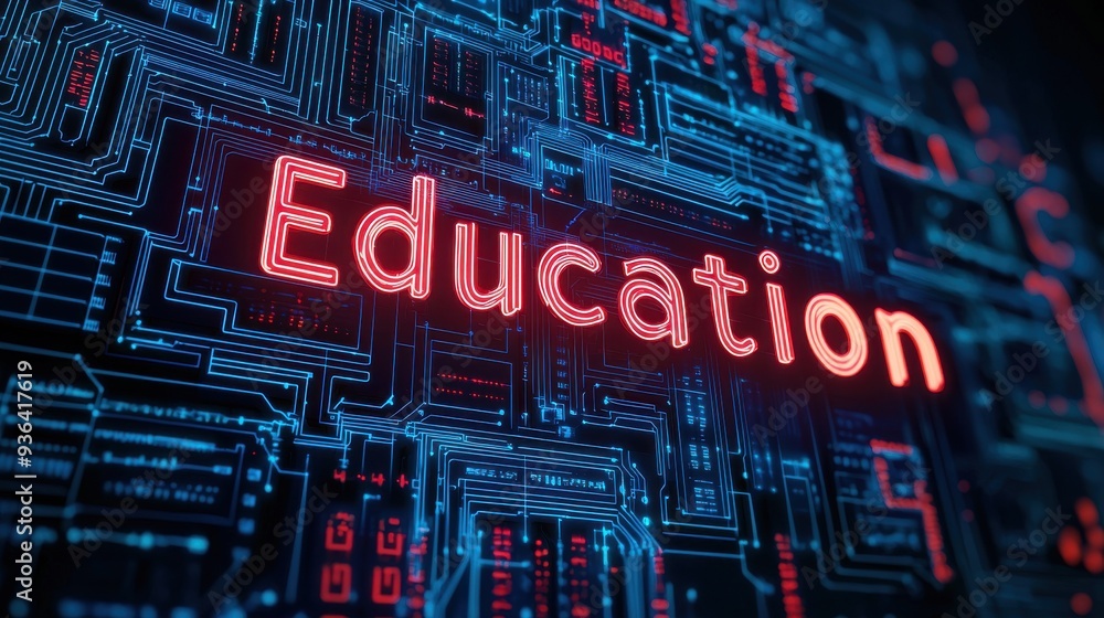 Education Neon Sign on Circuit Board. Education Neon Sign on Circuit Board.