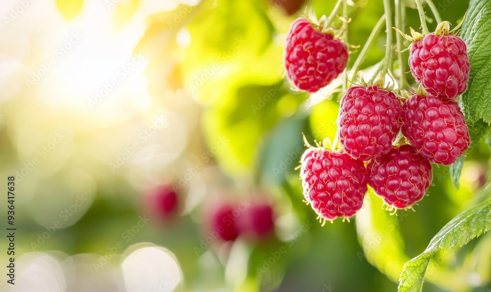 fresh red raspberries hanging on a branch fresh red raspberries hanging on a branch