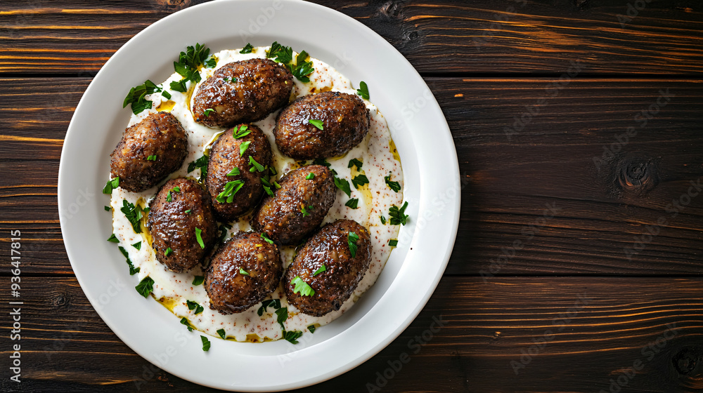 Delicious meatballs in white sauce and parsley on a dark wooden table with a white plate Delicious meatballs in white sauce and parsley on a dark wooden table with a white plate
