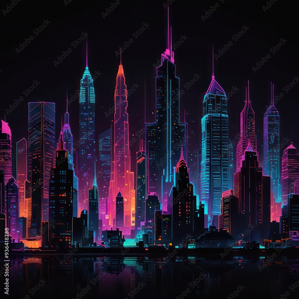 A T-shirt design featuring neon lit cityscapes robotic figures and glitchy text elements. A T-shirt design featuring neon lit cityscapes robotic figures and glitchy text elements.