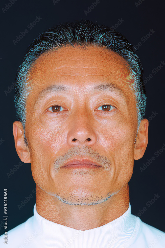 Fototapeta premium Close-up portrait of a middle-aged man wearing a white turtleneck, showcasing his deep expression and sharp features against a dark, solid background.