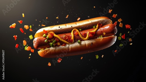 A classic hot dog topped with mustard, relish, and fresh diced tomatoes and peppers, floating against a dark background, dynamic fast food snack