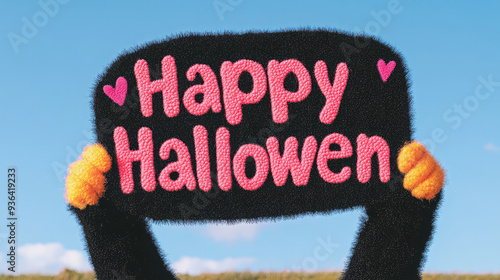 A 'Happy Halloween' sign is held by a pair of black furry arms with orange paw-like hands against a clear blue sky, embodying the festive and joyful spirit of Halloween. photo