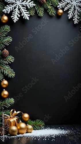 A black background with Christmas tree branches and red and gold ornaments.