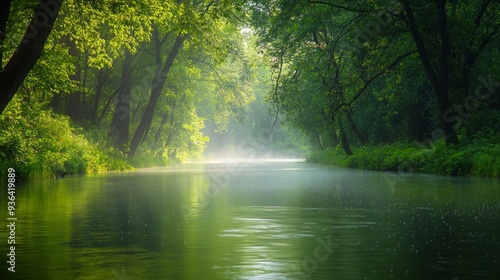 Serene Forest River at Dawn, a wide river flows through a lush forest, towering trees adorned with crystal-clear dewdrops, embodying tranquility and vibrant greenery.