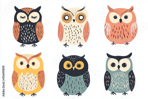 set of cute Scandinavian-style owl illustrations in various colors