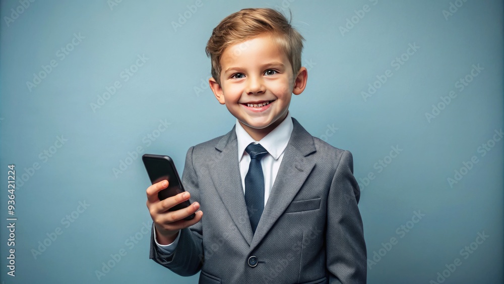 Confident young entrepreneur in mini suit holds phone, beaming with pride and joy, embodying success, motivation, and clever thinking, perfect for back to school inspiration. Confident young entrepreneur in mini suit holds phone, beaming with pride and joy, embodying success, motivation, and clever thinking, perfect for back to school inspiration.