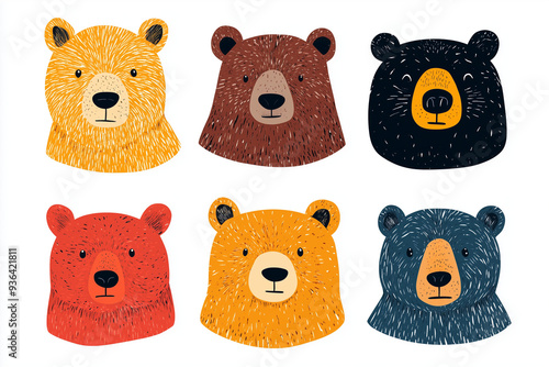 set of Scandinavian-style bear illustrations in vibrant colors