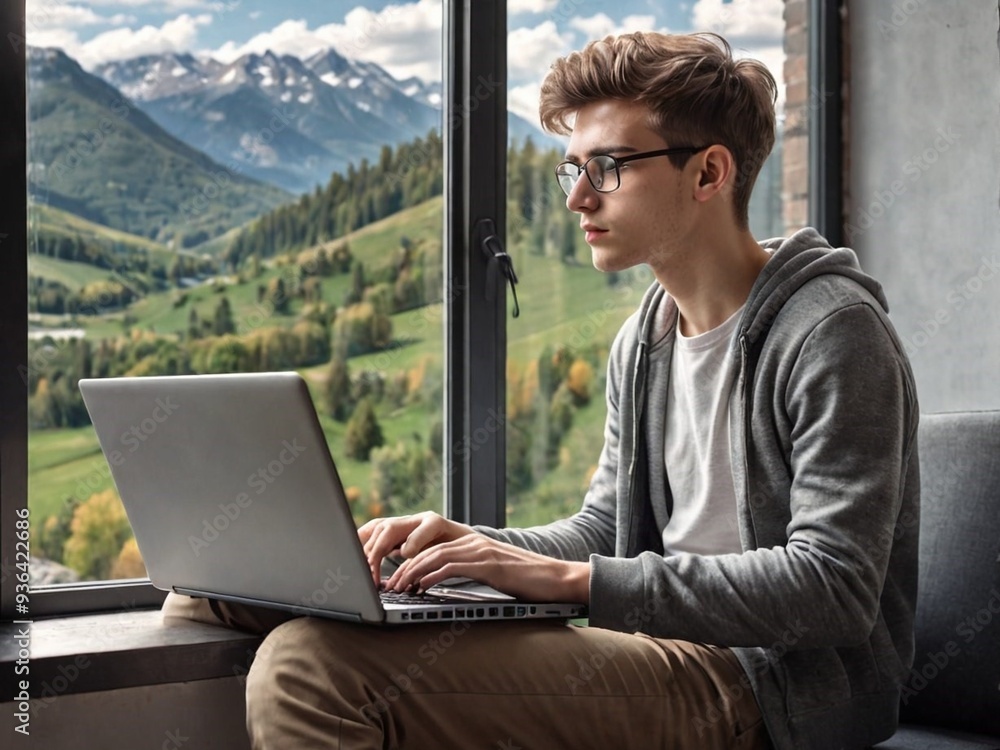 Stunning high resolution photos of a young talented thinking programmer sitting with a laptop by the window and admiring the scenery. Business Stunning high resolution photos of a young talented thinking programmer sitting with a laptop by the window and admiring the scenery. Business